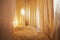 Light, soft transparent curtains in room. Canopy around bed with gentle light and blurring in evening. Boudoir. Concept