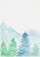 Light spruce forest in mountains. Watercolour hand painted illustration with paper texture and blank space for text