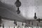 Light store. Round lamps on wires hanging from the ceiling