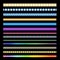 Light stripes. Glowing LED lights on tape, neon glow light effect and seamless garlands border vector set