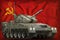 Light tank apc with city camouflage on the Soviet Union SSSR, USSR national flag background. 9 May, Victory day concept. 3d Illu