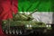 Light tank apc with summer camouflage on the United Arab Emirates national flag background. 3d Illustration