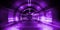 Light tunnel, dark long corridor with neon lamps. Abstract purple background with smoke and neon lights.