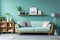 Light turquoise sofa and wooden shelving unit near teal wall. Scandinavian interior design