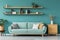 Light turquoise sofa and wooden shelving unit near teal wall. Scandinavian interior design