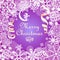 Light violet magic Christmas greeting card with paper cutting snowflakes frame and little angel on crescent