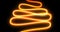 Light wave spiral trail, orange neon glow spin twirl trace effect. Incandescent spiral line and magic electric light with golden