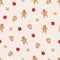 Light yellow seamless Christmas background with gingerbread men and red fruits, brown mittens and snowflakes