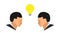 A lightbulb flashes yellow in the middle between two male portrait heads. illustrate the theme of the discussion and debate