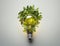 Lightbulb with fresh green leaves on light gray background