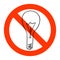 Lightbulb in prohibition sign, no electricity symbol. Power outage or blackout, forbidding symbol.Lamp doodle sketch style.