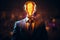 A lightbulb in a suit with fiery background radiates entrepreneurial brilliance