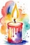 lighted candle on colorful background, vibrant watercolor illustration
