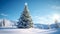 lighted isolated christmas tree in idyllic white snowy landscape, greeting card banner concept with copy space for december