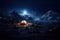 A lighted tent in amazing mountain landscape under the night