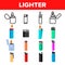 Lighter Icon Set Vector. Gas Tool. Tobacco Lighter Icons. Burning Object. Plastic Accessory. Line, Flat Illustration