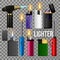 Lighter Set Vector. Fire Object Blank. Corporate Light Accessory. Ignite Item. Cigarette Gas Plastic Lighter Tool. Fuel