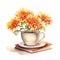 Lighthearted Children Book Illustration: Chrysanthemums In A Cup