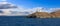 Lighthouse and agios Nikolaos church. Kea,Tzia island, Greece. Blur cloudy sky background, banner.