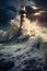 Lighthouse amidst stormy sea waves under dark clouds