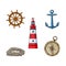 Lighthouse, anchor, compass, rope, steering wheel