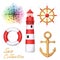 Lighthouse, anchor, lifebuoy, ship steering wheel, wind rose