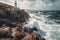 lighthouse atop rocky cliff, with the sea crashing against the rocks below