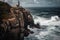 lighthouse atop rocky cliff, with the sea crashing against the rocks below