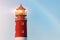 Lighthouse in Baltiysk port. Beautiful rainbow and beacon lights. Clean blue sky, copy space