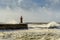 Lighthouse battered by huge waves on Portuguese Atlantic Ocean
