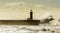 Lighthouse battered by huge waves on Portuguese Atlantic Ocean