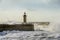 Lighthouse battered by huge waves on Portuguese Atlantic Ocean