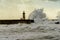 Lighthouse battered by huge waves on Portuguese Atlantic Ocean