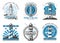 Lighthouse and beacon navigation vector icons