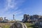 Lighthouse and Beacon of Ouessant, the island of Ushant, in Brittany, french rocky beach in northern France, Finistere