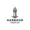 Lighthouse beacon searchlight harbor logo design in trendy linear line icon style for a cafe business and restaurant