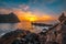 Lighthouse during a beautiful orange sunset in the Pasajes San Juan, Gipuzkoa, Spain