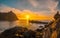 Lighthouse during a beautiful orange sunset in the Pasajes San Juan, Gipuzkoa, Spain