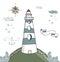 Lighthouse blue ribbon anchor kompas lighthouse white beacon, windows pharos, screed, seamark snowflake snow cloud landscape waves