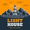 Lighthouse circle lettering blue orange Vector illustration.