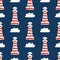 Lighthouse and clouds on blue background. A playful, modern, and flexible pattern for brand who has cute and fun style