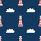 Lighthouse and clouds on blue background. A playful, modern, and flexible pattern for brand who has cute and fun style. Repeated
