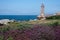 Lighthouse at coast of Brittany with purple heath