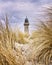 Lighthouse between dune grass. Rostock, WarnemÃ¼nde, Germany