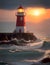 Lighthouse at early morning sea shore, beacon building at scenery nature ocean landscape. Nautical seafarer on rocky coast under