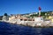 Lighthouse at the entrance to harbour Villefranche Sur Meer at french riviera
