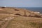 Lighthouse, fields and white cliffs of Dover