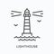 Lighthouse flat line icon. Vector outline illustration of sea beacon, nautical safety light tower. Pharos thin linear