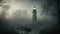 lighthouse in fog A scary lighthouse in a haunted swamp, with mist, vines,