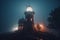 lighthouse on a foggy night, with mist swirling around the tower